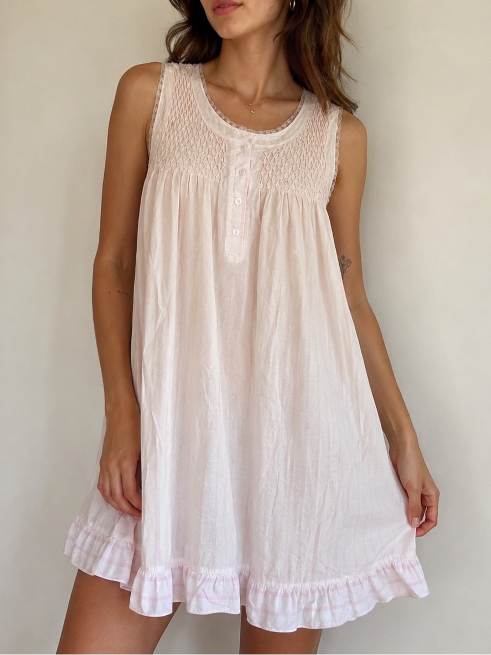 Vintage Pale Pink Sleeveless Smocked Cotton Slip Dress